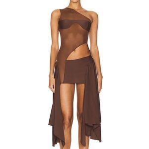 Sketch-y x Revolve Tricot Mesh Asymmetrical Brown Dress S Party